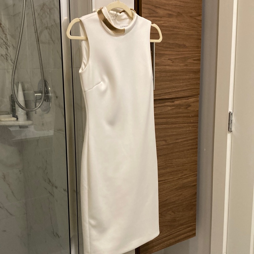 Calvin Klein White Sheath Dress Gold Neckline